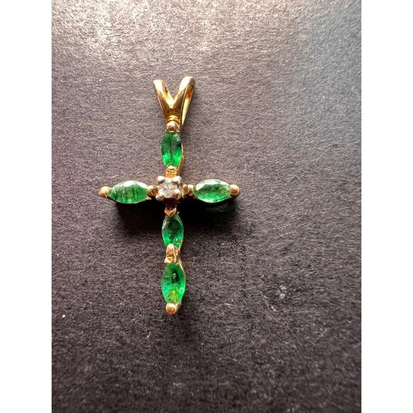 Vintage 14K Yellow Gold Emerald & Diamond Marquise Cross Pendant - Picture 9 of 16